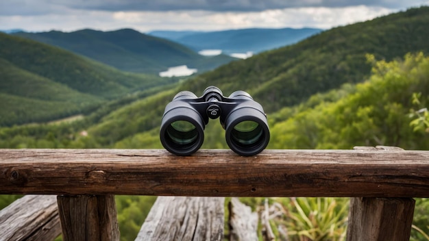 Foto ein fernglas auf einem holzgeländer mit blick auf grüne hügel, perfekt für outdoor-aktivitäten