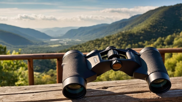 Foto ein fernglas auf einem holzgeländer mit blick auf grüne hügel, perfekt für outdoor-aktivitäten