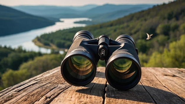 Foto ein fernglas auf einem holzgeländer mit blick auf grüne hügel, perfekt für outdoor-aktivitäten