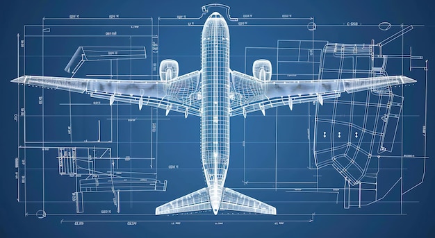 Foto ein flugzeugplan auf blauem hintergrund mit weißen linien und technischen details