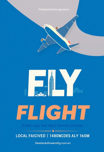 Foto ein flyer für flugflug mit blauem hintergrund und einem bild einer stadt-skyline