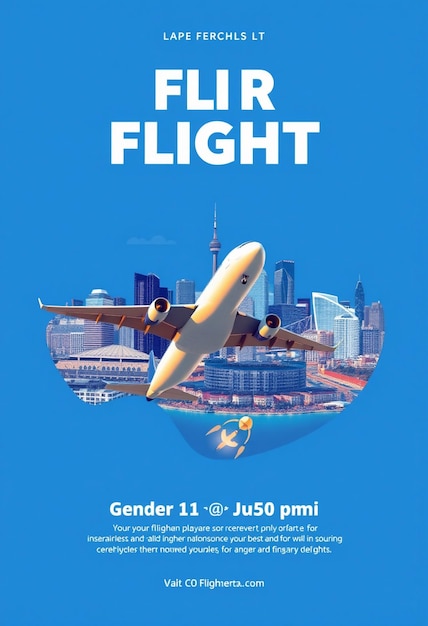 Foto ein flyer für flugflug mit blauem hintergrund und einem bild einer stadt-skyline