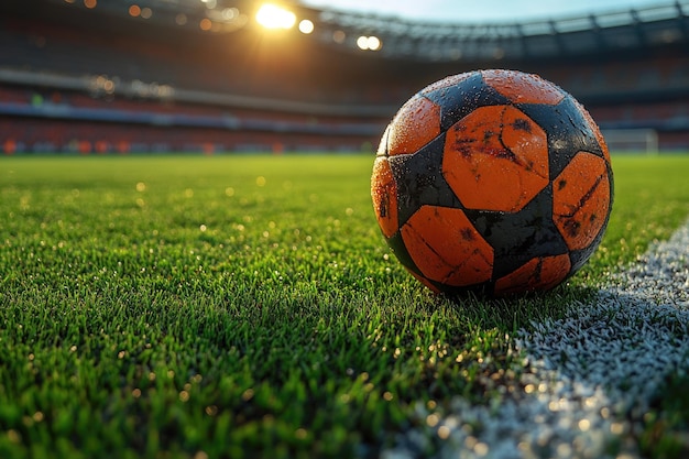 Foto ein fußball auf dem spielfeld, hinter dem die sonne untergeht