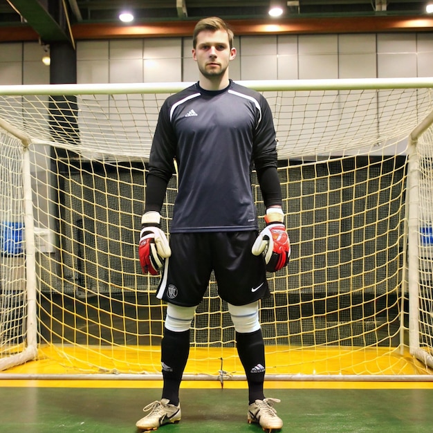 Foto ein fußballspieler, der ein schwarz-weißes trikot trägt, steht vor einem torhüter