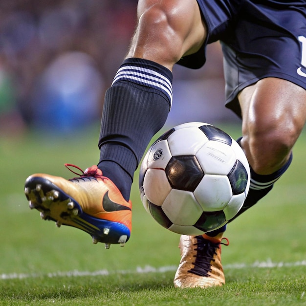 ein Fußballspieler, der eine blau-schwarze Uniform mit der Nummer 8 auf der Rückseite seiner Shorts trägt