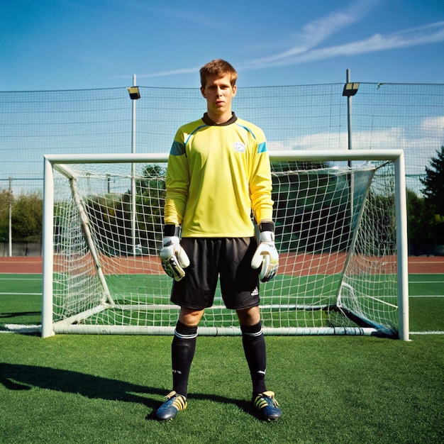 Foto ein fußballspieler steht vor einem tor mit einem gelben hemd, auf dem steht: fußball