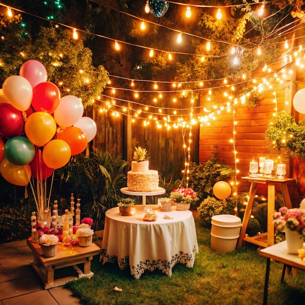 ein Geburtstagskuchen ist auf dem Gras mit Ballons und Blumen