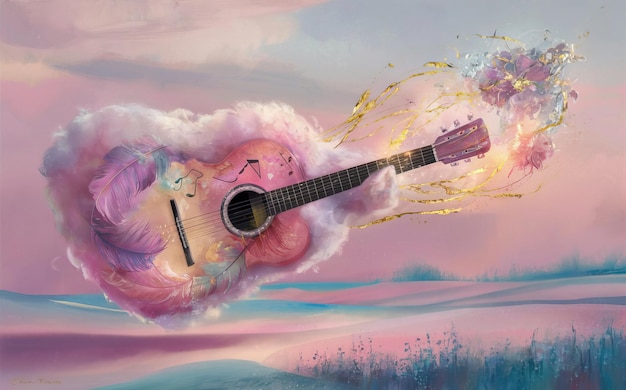 ein Gemälde von Gitarre und Gitarre mit rosa und blauem Hintergrund