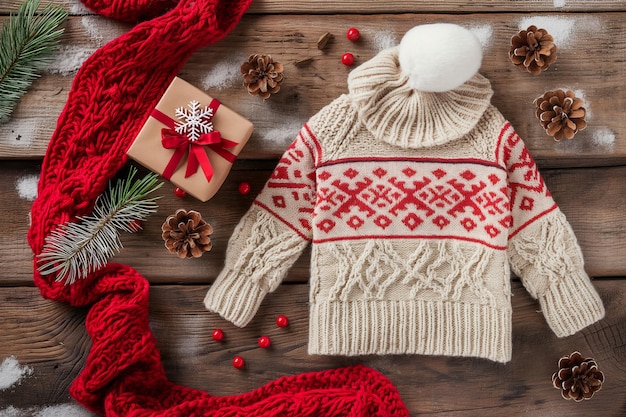 Foto ein gemütlicher pullover und ein hut liegen ordentlich auf einem holztisch, bereit, getragen oder geschenkt zu werden