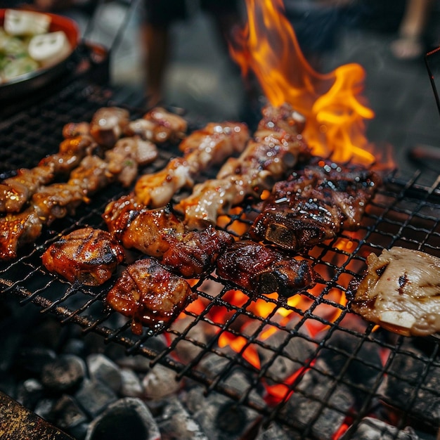 Foto ein grill, auf dem fleisch und gemüse gekocht wird