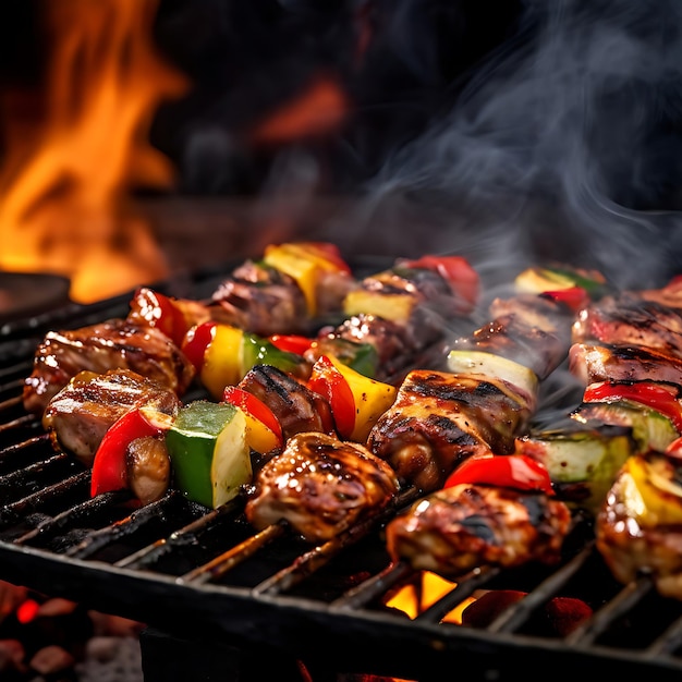 Foto ein grill mit fleisch, gemüse und einer feuergrube