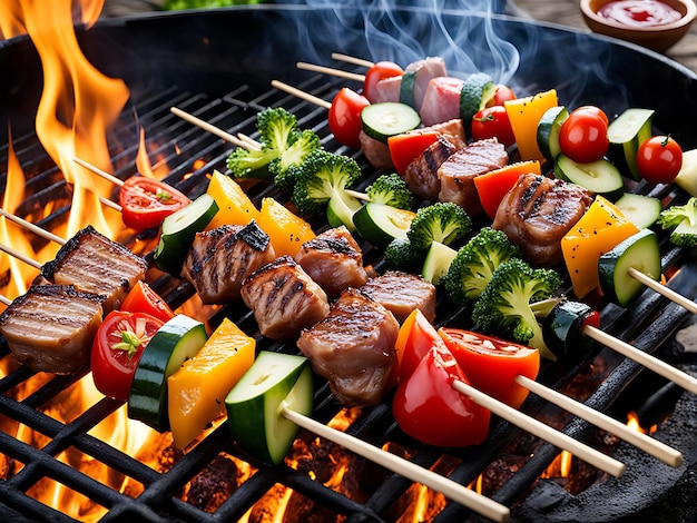 Foto ein grill mit fleisch, gemüse und einer feuerstelle