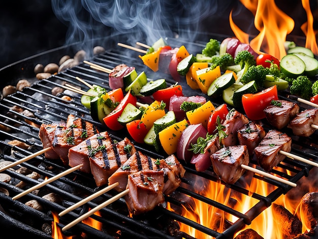 Foto ein grill mit fleisch, gemüse und einer feuerstelle