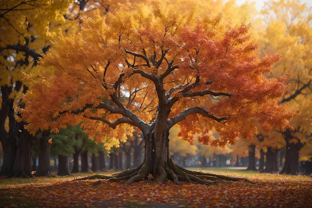 Ein großer Herbstbaum mit fallenden Blättern und bewölktem Himmel