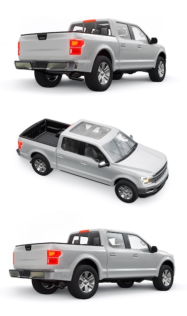 Foto ein großer moderner pickup-truck mit leuchtenden scheinwerfern einer doppelkabine auf einem weißen, einheitlichen hintergrund 3d-rendering