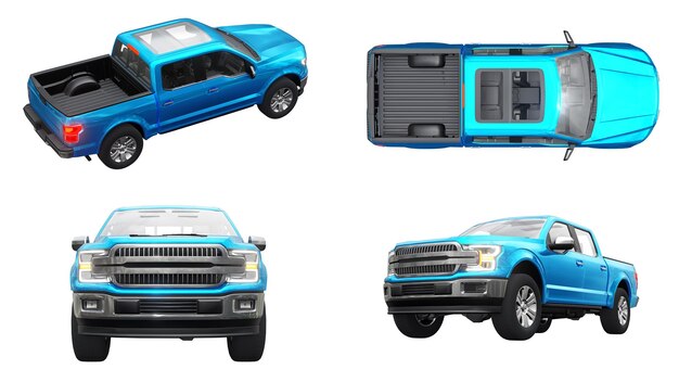 Foto ein großer moderner pickup-truck mit leuchtenden scheinwerfern einer doppelkabine auf einem weißen, einheitlichen hintergrund 3d-rendering