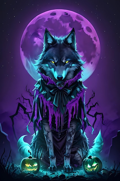 Ein gruseliges Wolf-Halloween-Poster mit gruseligem Wolf-Halloween-Charakter