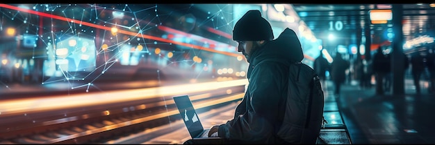 Foto ein hacker schreibt auf einem laptop in einer belebten u-bahn-station und betont die cyberrisiken, die mit der nutzung öffentlicher wifi-netzwerke verbunden sind.