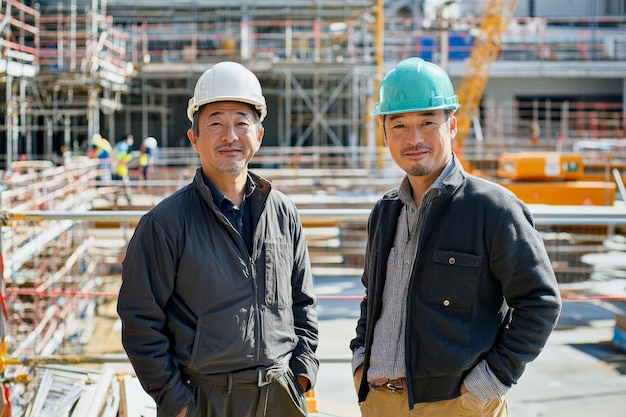 Foto ein japanischer bauunternehmer und ein arbeiter, die beide zufrieden und zuversichtlich aussehen, stehen an einem geschäftigen