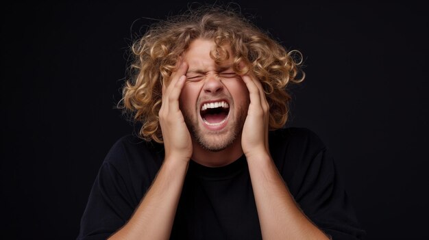 Foto ein junger mann mit lockigem haar erlebt einen moment der bedrängnis, der seinen kopf greift, während er in einem dunklen studio einen lauten und ausdrucksstarken schrei aussendet