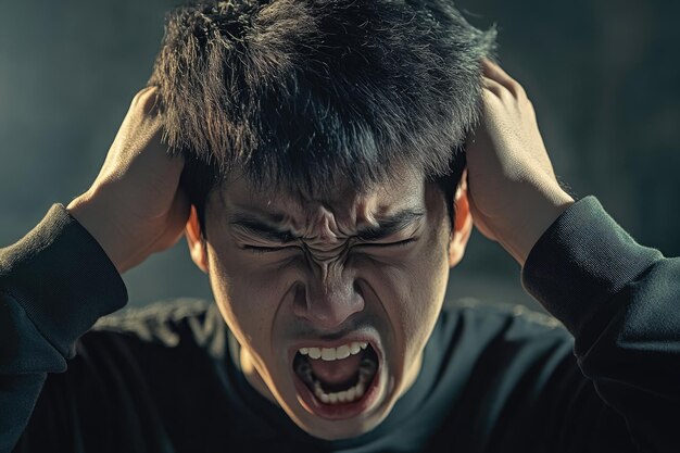 Foto ein junger mann mit schwarzen haaren schreit frustriert und bedeckt sich mit den händen die ohren, während er starke gefühle ausdrückt