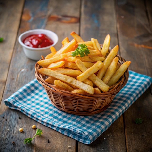 ein Korb mit Pommes Frites mit Ketchup und Ketchup auf einem Tisch