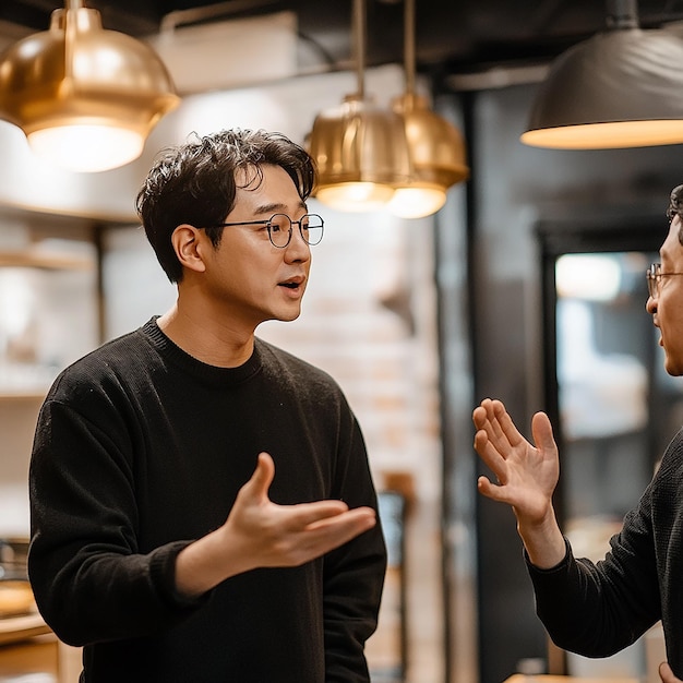 Foto ein koreanischer mann spricht mit einem innenarchitekten