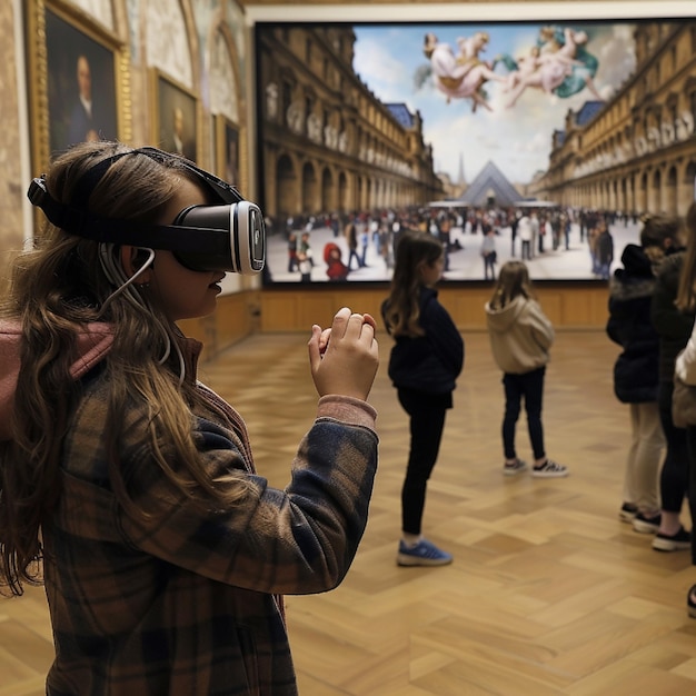 Foto ein lehrer führt schüler durch einen virtuellen rundgang durch den louvre