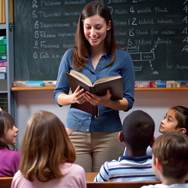 ein Lehrer liest einer Gruppe von Kindern ein Buch vor