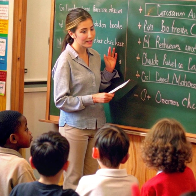 ein Lehrer steht vor einer grünen Tafel mit Kindern davor