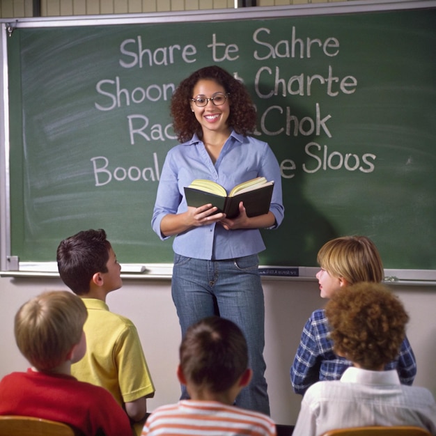 ein Lehrer steht vor einer Tafel, auf der steht: Share to be named in the middle of a class