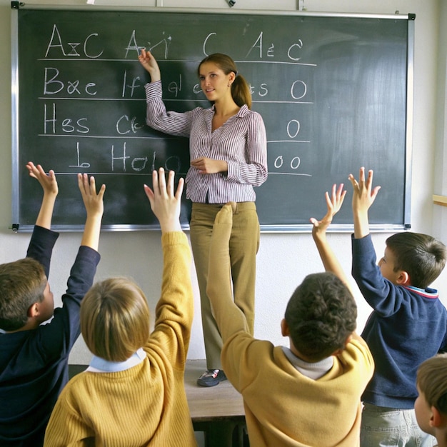 ein Lehrer steht vor einer Tafel mit dem Wort e s