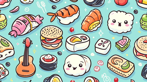 Foto ein lustiges und farbenfrohes muster mit cartoon-lebensmitteln wie sushi-burger und obst, perfekt für ein spielerisches und köstliches design