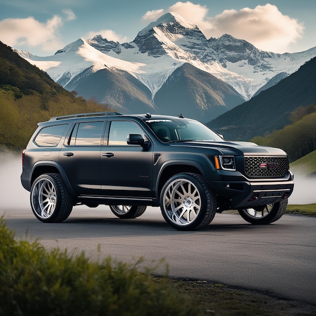 Foto ein majestätischer suv mit übergroßen glänzenden rädern steht 1