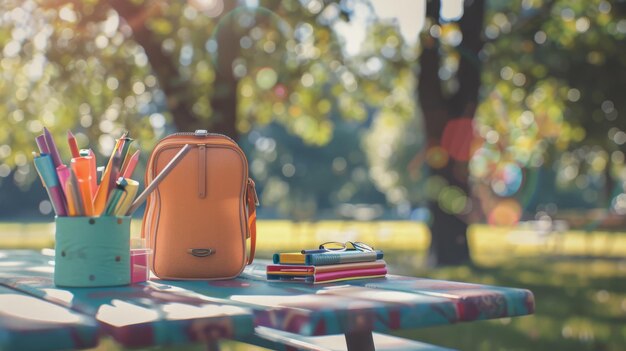 Foto ein malerischer picknicktisch im freien, geschmückt mit bunten schreibwaren und einer orangefarbenen handtasche in einem sonnigen park