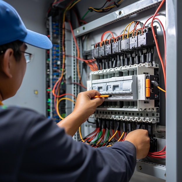 Foto ein mann arbeitet an einem großen system mit vielen drähten