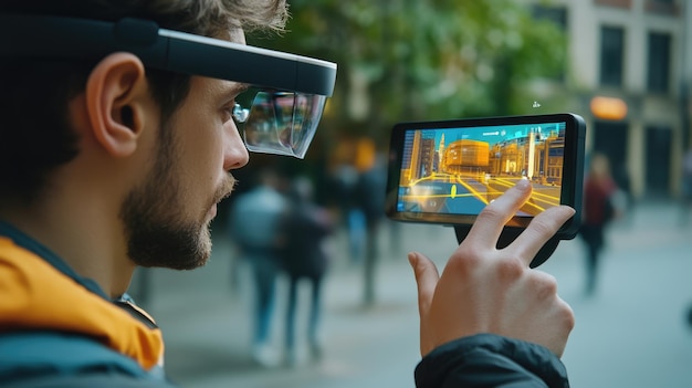 Foto ein mann, der mit einer augmented-reality-brille und einem tablet navigiert