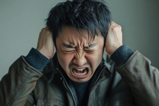 Foto ein mann, der sich die ohren mit den händen bedeckt, schreit vor frustration