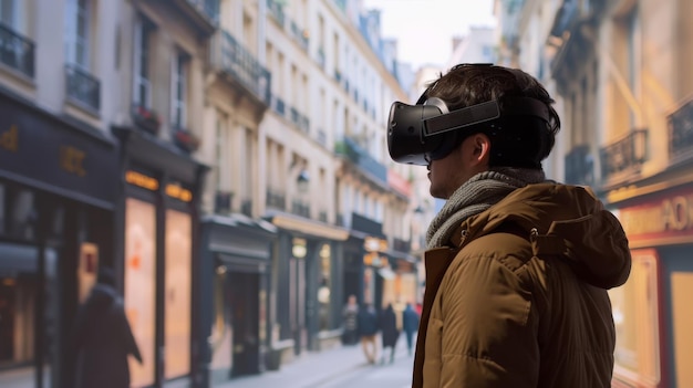 Foto ein mann erlebt die virtuelle realität auf einer straße in einer europäischen stadt