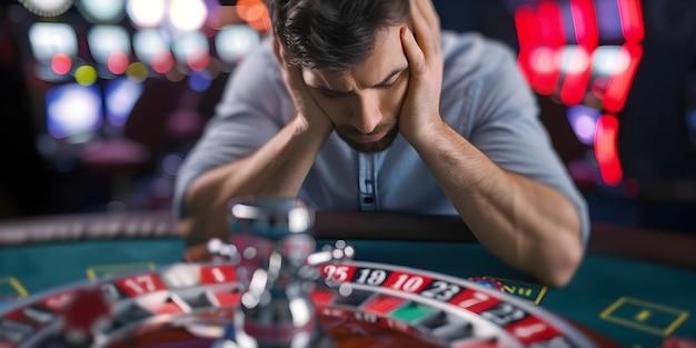 Foto ein mann hält seinen kopf verzweifelt mit online-roulette, die verluste beim glücksspiel veranschaulicht konzept glücksspielsucht finanzielle verluste online-casino-spiele geistesgesundheit risikoverhalten