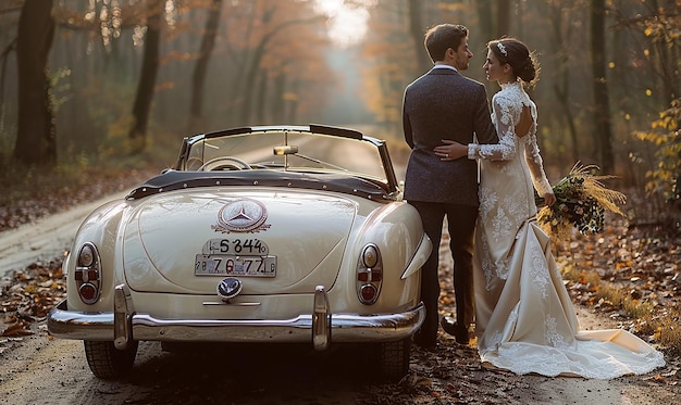 Foto ein paar in einem hochzeitskleid posiert vor einem vintage-auto mit nummernschildnummer 37777