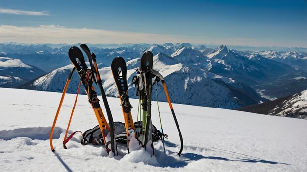 Foto ein paar skis liegen im schnee mit bergen im hintergrund