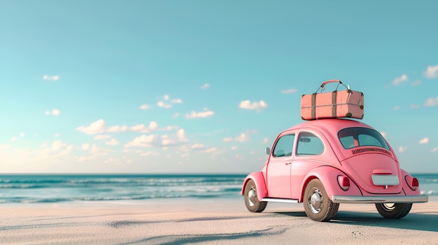 Foto ein rosa auto mit einem koffer auf dem dach ist an einem strand geparkt