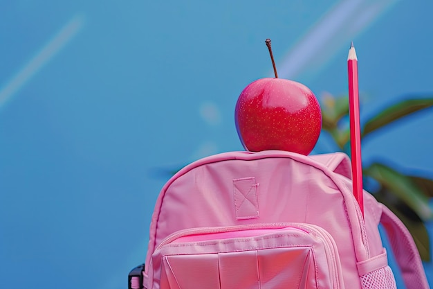 Foto ein rosa rucksack mit einem roten apfel und einem bleistift drauf