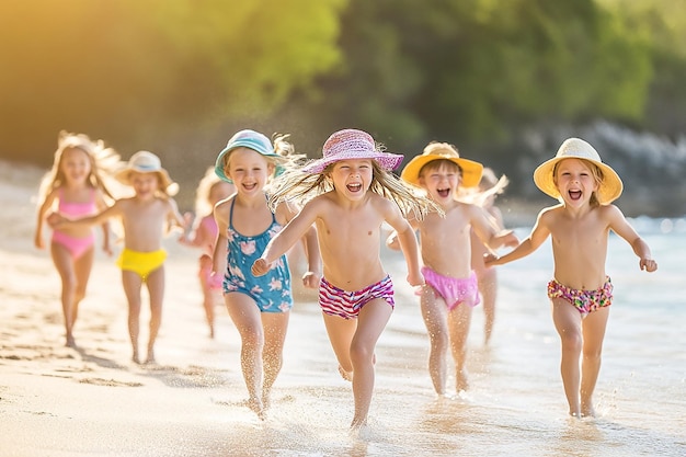 Foto ein schönes kleines mädchen läuft am strand