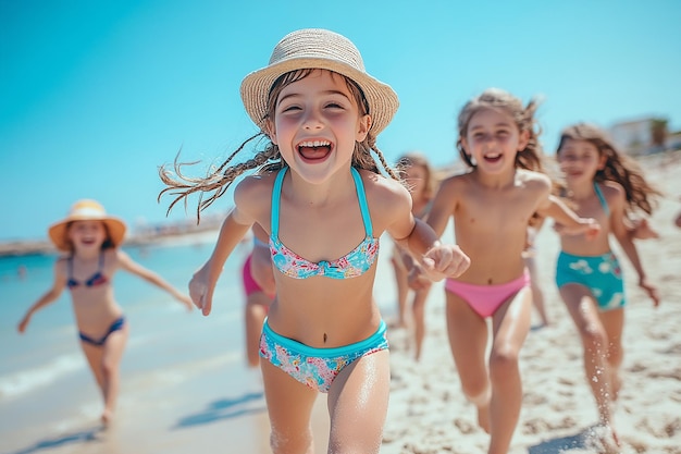 Foto ein schönes kleines mädchen läuft am strand