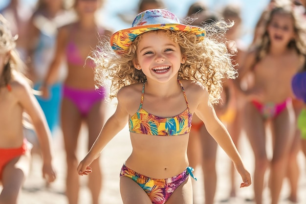 Foto ein schönes kleines mädchen läuft am strand