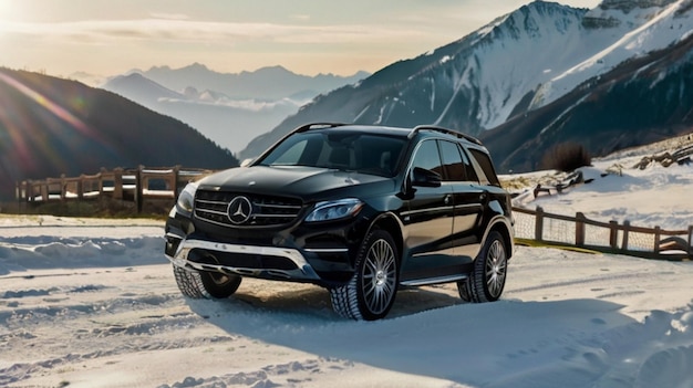 Foto ein schwarzer suv mit einem schwarzen stoßstange, auf dem steht mercedes auf der vorderseite