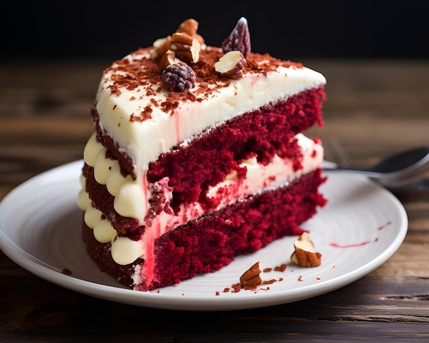 Ein Stück roter Samtkuchen mit Sahne und Nüssen auf einem weißen Teller