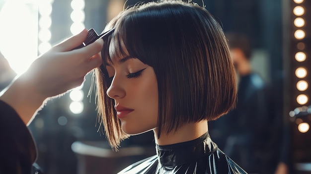 Foto ein stylist schneidet in einem salon die haare einer frau